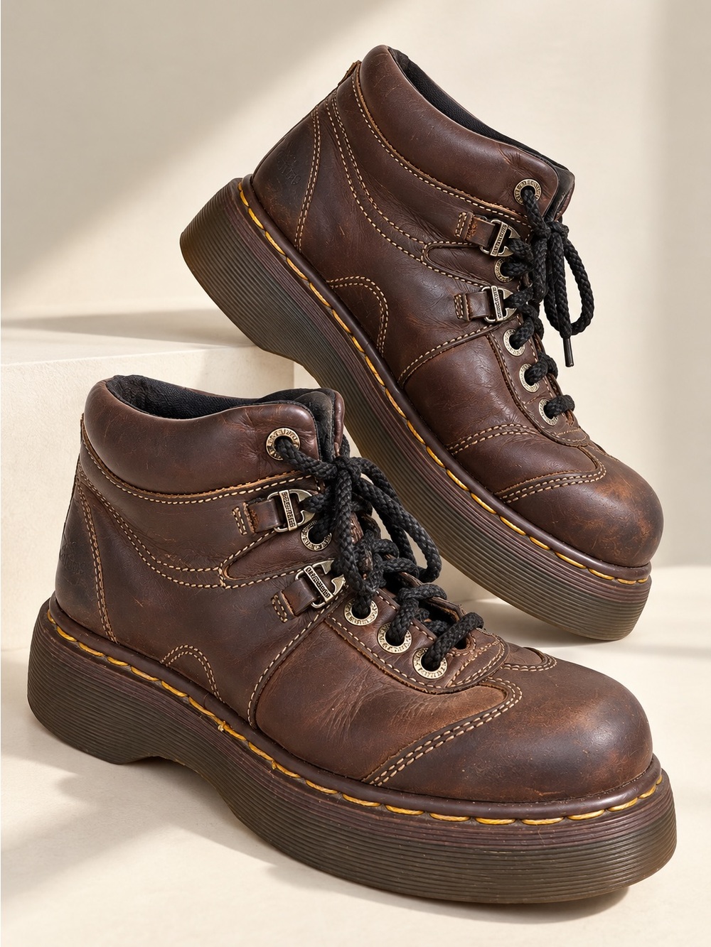 Dr. Martens Vintage 7547 Brown Leather Platform Boots Made in England Size UK 5